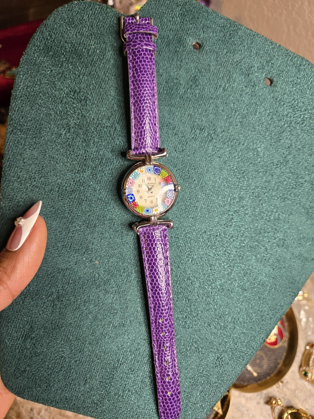 Murano Purple Leather Strap Watch with Multicolor Millefiori Dial